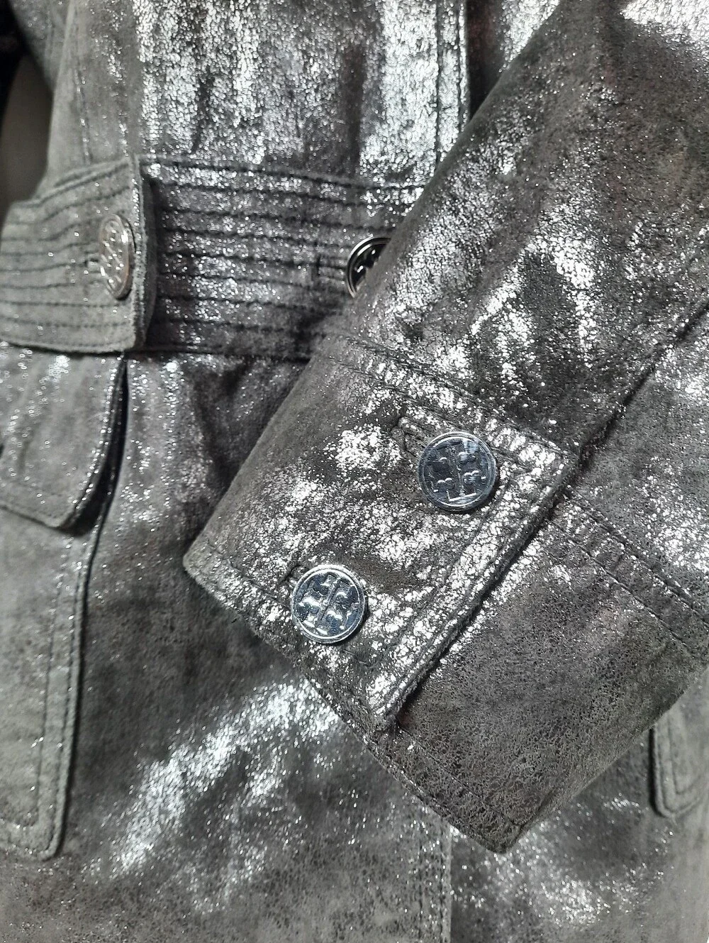 TORY BURCH Leather Jacket Pewter Bomber Biker Logo Distressed Military Thigh 14